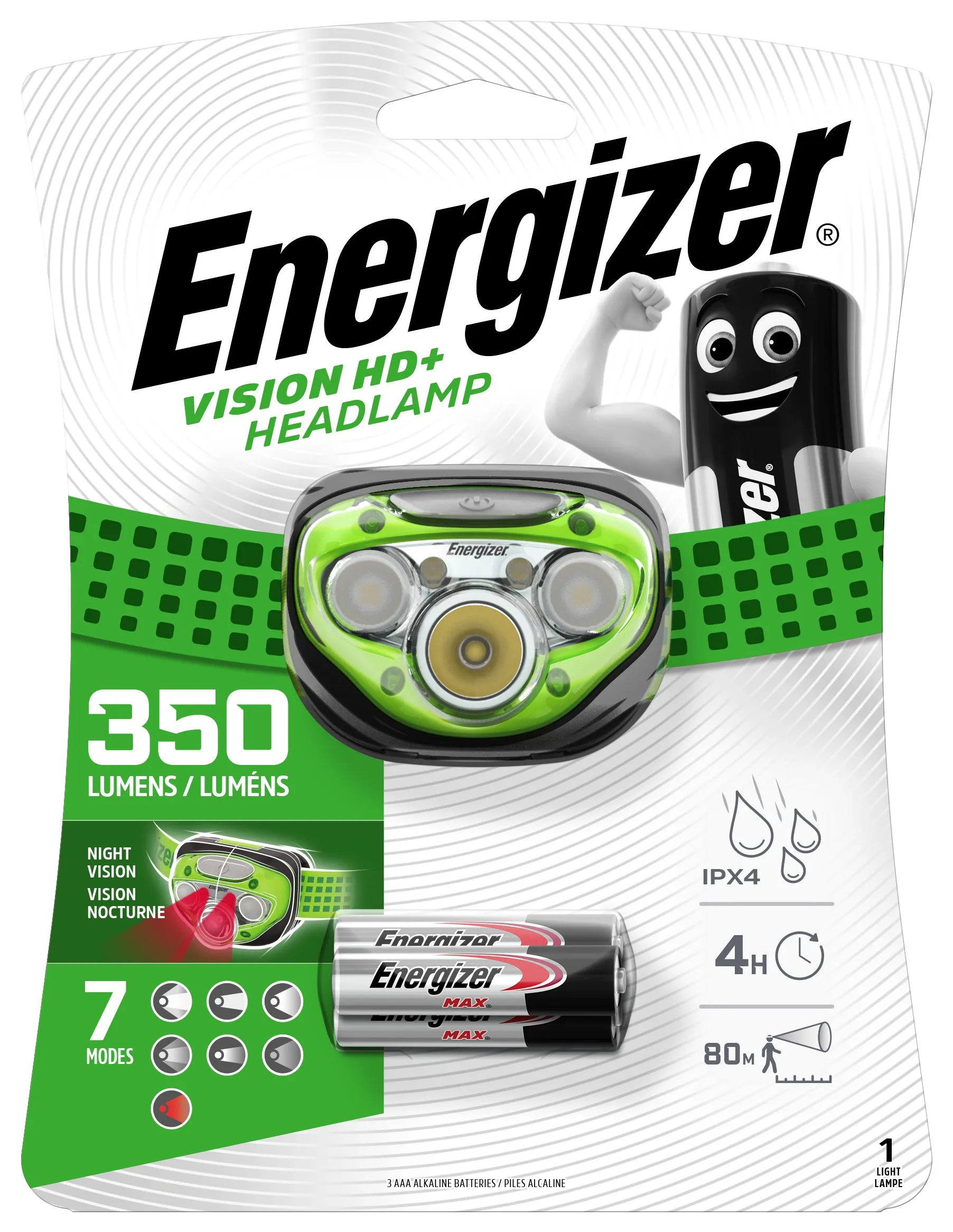 ФОНАРЬ Energizer Налобный Vision HD+ HEADLIGHT(HDC322)+3AAA 5 светодиодов дальность 80м 4h 350 LUM |