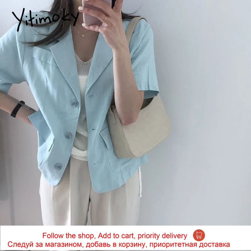 

Yitimoky Casual Woman Jacket Turn-Down Collar 2021 Summer Fashion New Single Breasted Cotton Short Sleeve Loose Simple Blazers