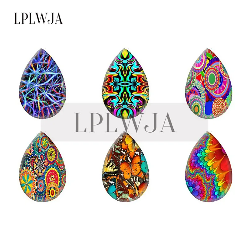 

LPLWJA 10pcs/lot Colorful Art Paintings Tear Drop Waterdrop Shape Glass Cabochon Photo Demo Flat Back Making Findings