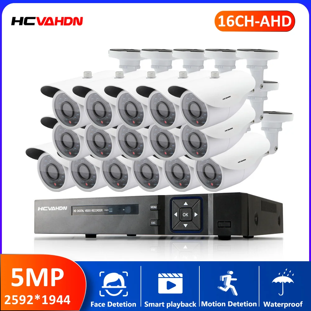

HCVAHDN 8/16pcs 5MP HD 6in1 16CH AHD DVR CCTV Camera Security System Outdoor Camera Video Surveillance System Kit