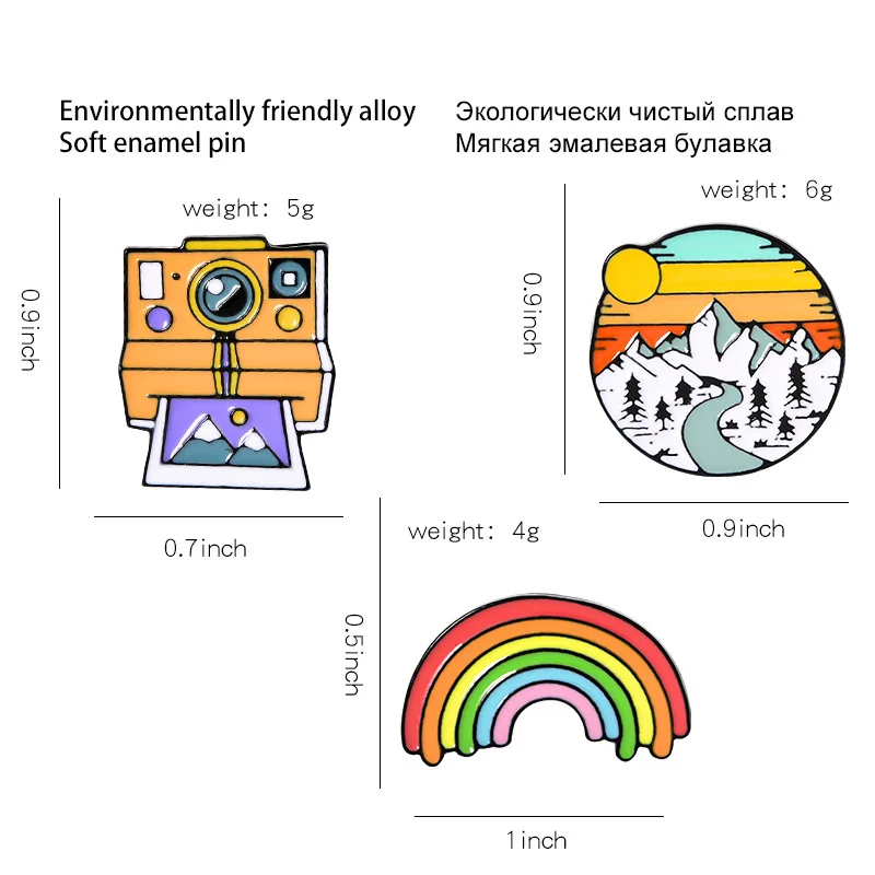 Rainbow sunset горы Ретро фотоаппарат polaroid пленочная лента Творческий брошь мультфильм