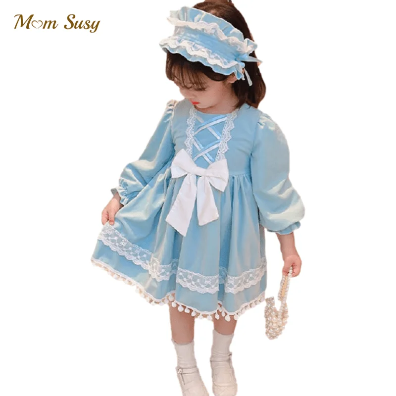 

Baby Girl Princess Spanish Lace Dress With Cap Child Vintage Vestido Bow Birthday Party Costume Dress Child Clothes 1-10Y