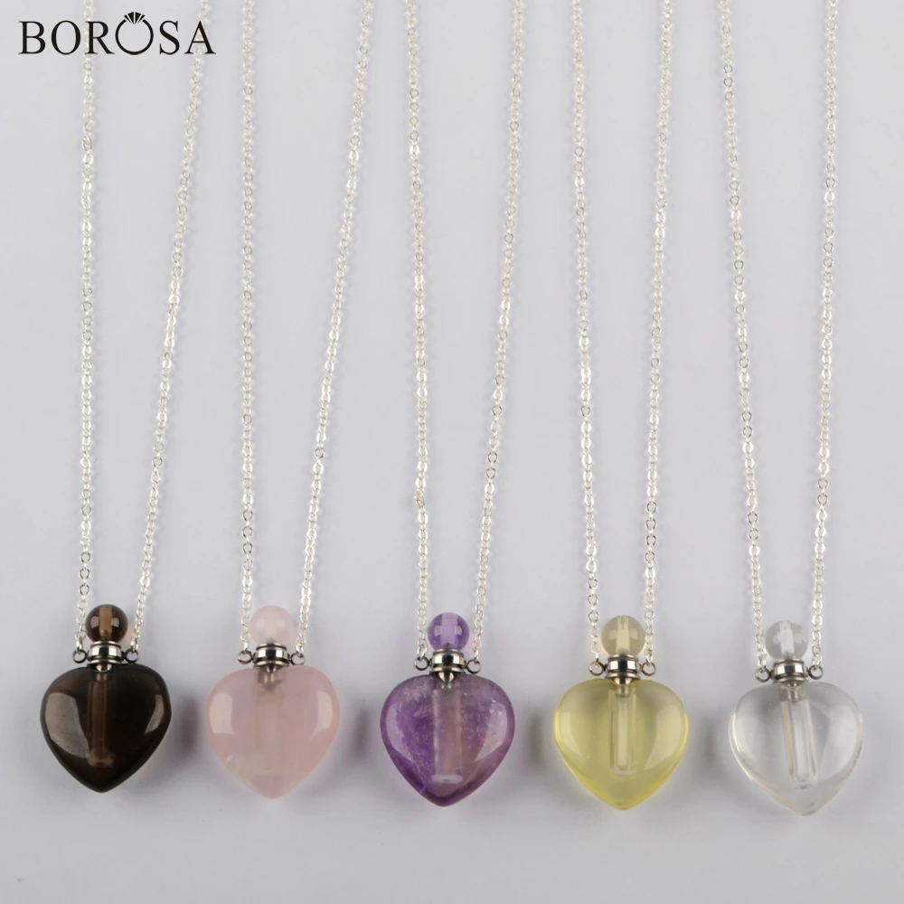 

Heart Natural Stone Perfume Bottle Necklace Silver Color Diffuser Necklace 26inch Chain Necklace Crystal Necklace WX1328-N