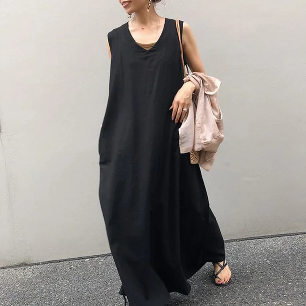 

Summer Black Sleeveless Dress Korean Casual A Line Long Robe 2022 New Maxi Robe Femme Vestiods