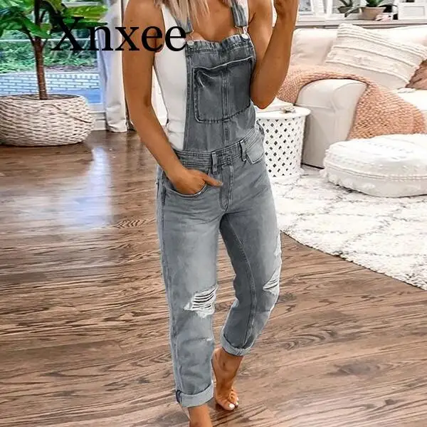 

long pants Women Denim Bib Overalls Jeans Jumpsuits and Rompers Ladies Ripped Hole Casual Long Playsuit Pockets Jumpsuit