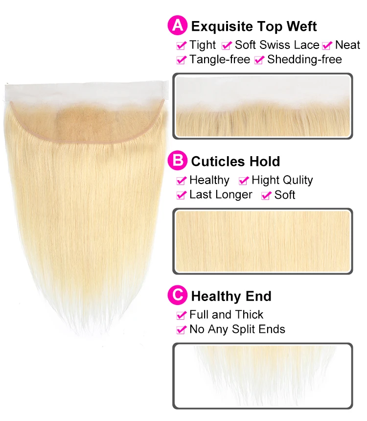 Блонд 613 пучки с фронтальной бразильской прямой закрытием 13*4 Remy мед блонд |