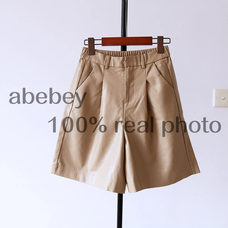 

S-4XL Fashion PU Leather Shorts Women's Autumn Winter Bermuda Elastic Waist Loose Five Points Leather Trouser Plus Size Shorts