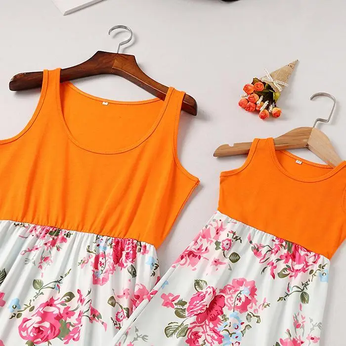 Parent-child Mother Girls Casual O-Neck Sleeveless S/M/L/XL/XXL A-line Pleated Prints Dress 80/90/100/110/120 | Мать и ребенок
