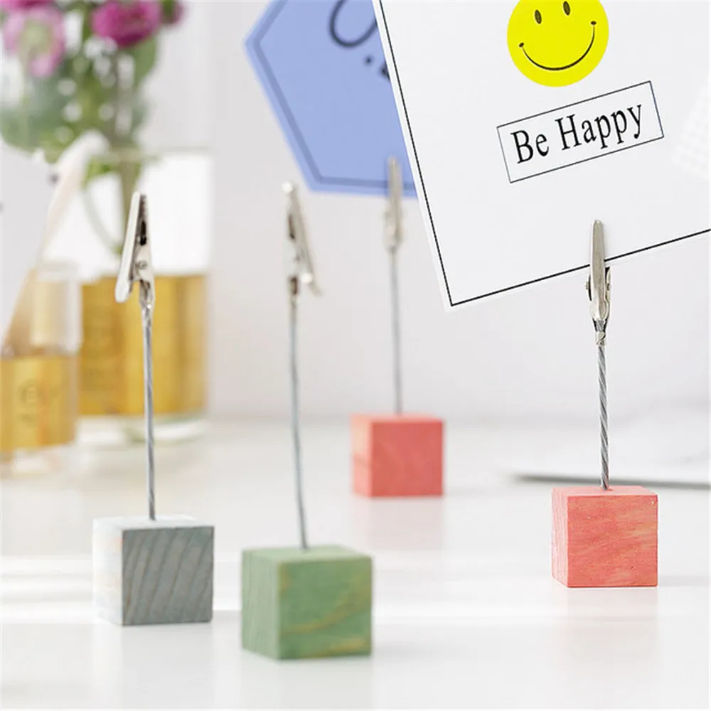 

2pcs Colorful Wooden Cube Memo Clip Holder Iron Photo Clamps Stand Desktop Office Organizer Business Card Holder Card for Desk