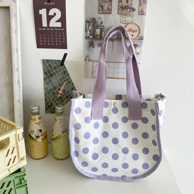 

2021 New Portable Lunch Bag Point Small Tote Canvas Handbag Women Simple Shopping Handbag Kids Lunch Bag Picnic Food Storage