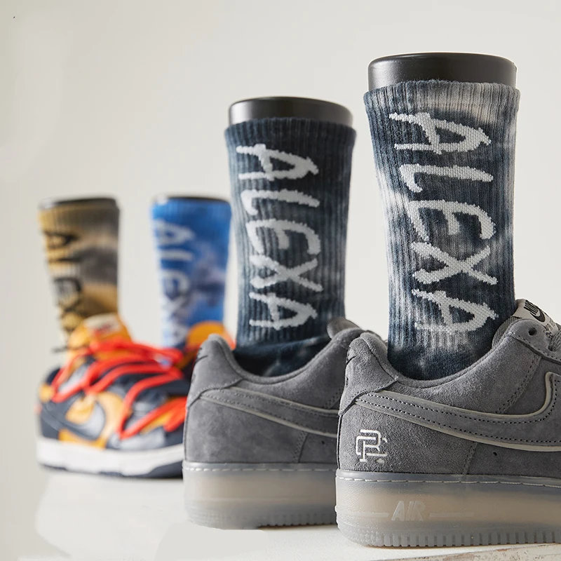 

Funny Happy Men Women Crew Socks New Fashion Tie-dye Alexa Sockings Letter Cotton Colorful Vortex Camo Trend HipHop Skateboard