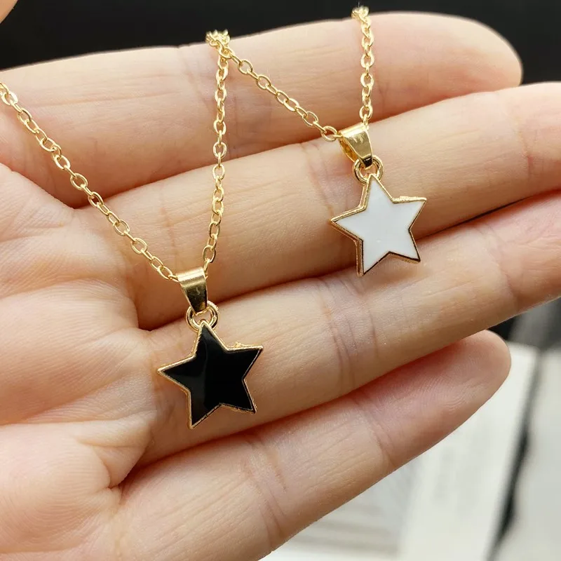 

Cute Lovely Star Pendant Necklace Black White Color Women Short Choker Gift for Frien Golden Color Link Chain Collar Jewelry