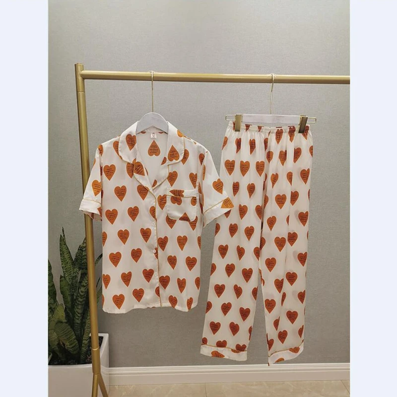 Женские шелковые пижамы с принтом Smmoloa Длинные атласные коротким рукавом летние