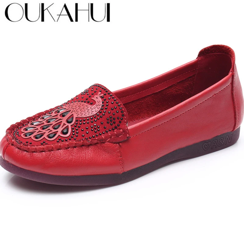 Женские лоферы на плоской подошве OUKAHUI из натуральной кожи с принтом павлина