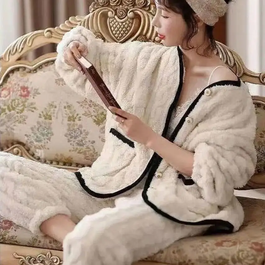 

Women Pajamas Set 2PCS Flannel Sleepwear Blue Long Sleeve Shirt&Pants Loungewear With Buttons Casual Pyjamas Suit Home Wear