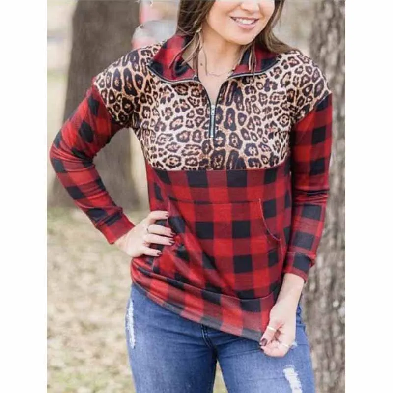 

New design Ladies red plaid Christmas clothes Women Plaid Zipper Pullover