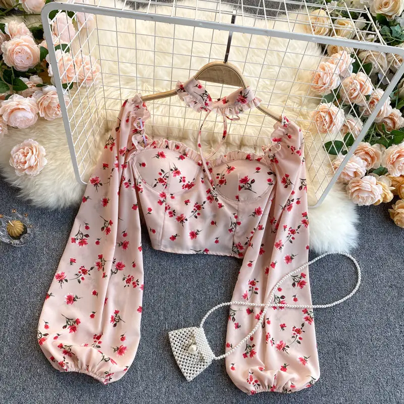

Richkeda Store New Sexy Women Tops Gothic Floral Print Elegant Chiffon Blouse Shirts Long Sleeve Pink Lady Crop Tops Clothing