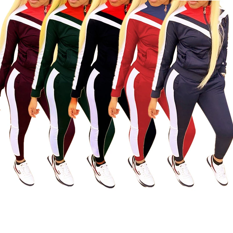 

Fannic Women Full Sleeve Patchwork Sexy Red Black Tracksuit Women Set Outfit Fashion Two Pieces Suits Casual Jumpsuits