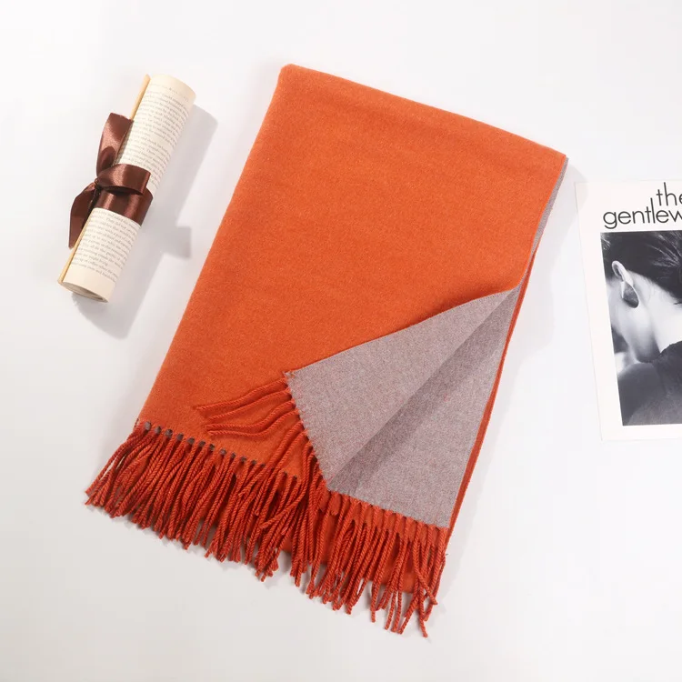 Orange Camel Горячий осенний и зимний шарф женский сплошной цвет матовый двухсторонний кролик бархат шаль дамы кисточкой шарф Дамская шаль - Цвет: Orange Camel