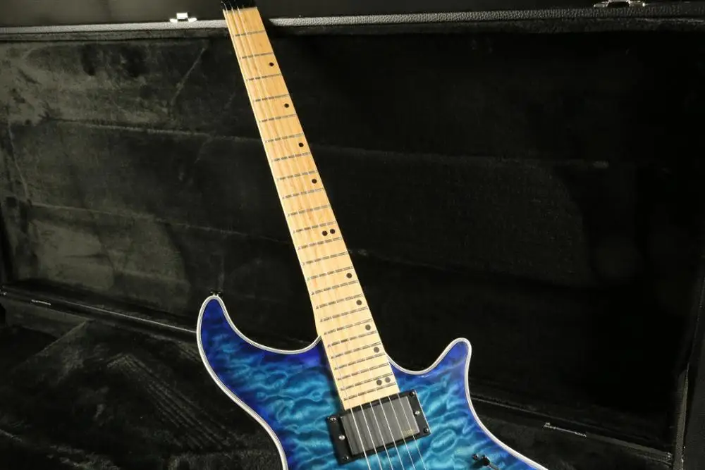 Синяя полуакустическая Дека электрогитара без головки грифа покрытая кленом