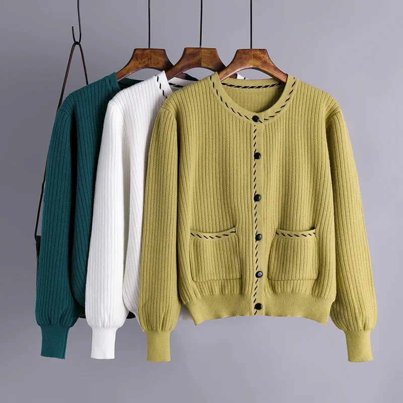 Женский осенне-зимний свитер с длинным рукавом кардиган толстый вязаный круглым