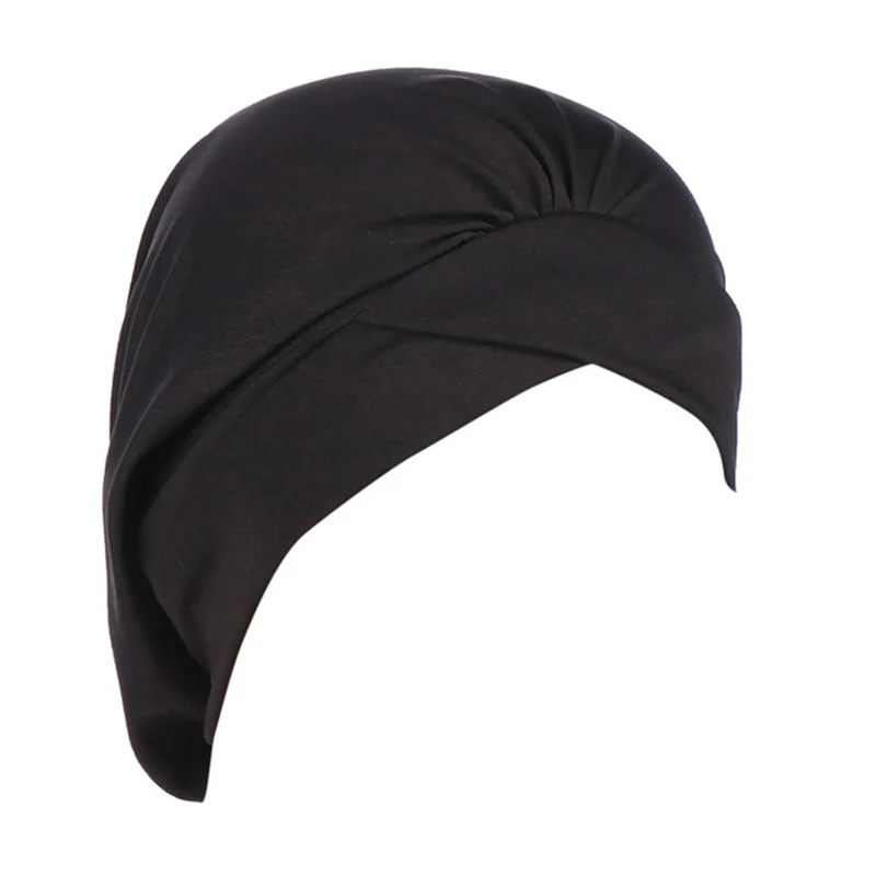 

women Muslim Cap Solid Color Headscarf Pleated Forehead Cross Headscarf Turban Head Scarf Headwrap Cotton Muslim cap Scarf Hot