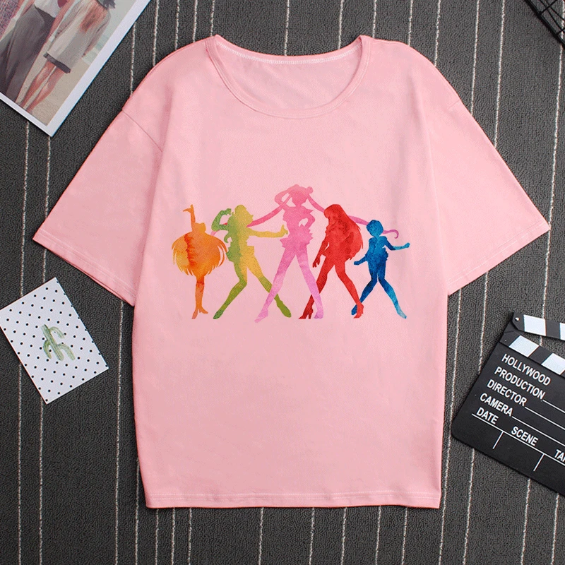 Sailor Moon 90s Funny Pink T Shirt Harajuku Clothes Tshirt Aesthetic Cat Anime Vogue T-shirt Kawaii Graphic Tees Ullzang Women