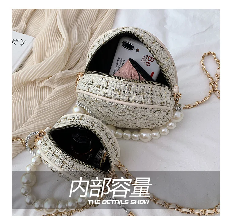 bolsos модные женские сумки-почтальон, круглая сумка на плечо, дизайнерская сумка через плечо, твидовые сумки для женщин, жемчужное колье, сумка