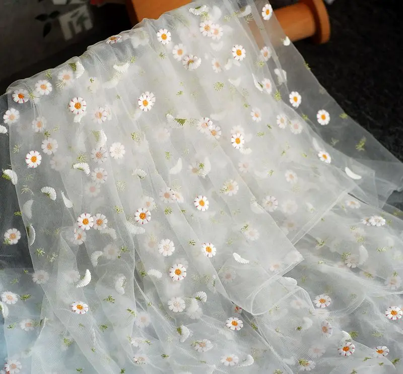 1 метр маргаритки Цветочная вышивка прозрачная французская Сетка кружевная