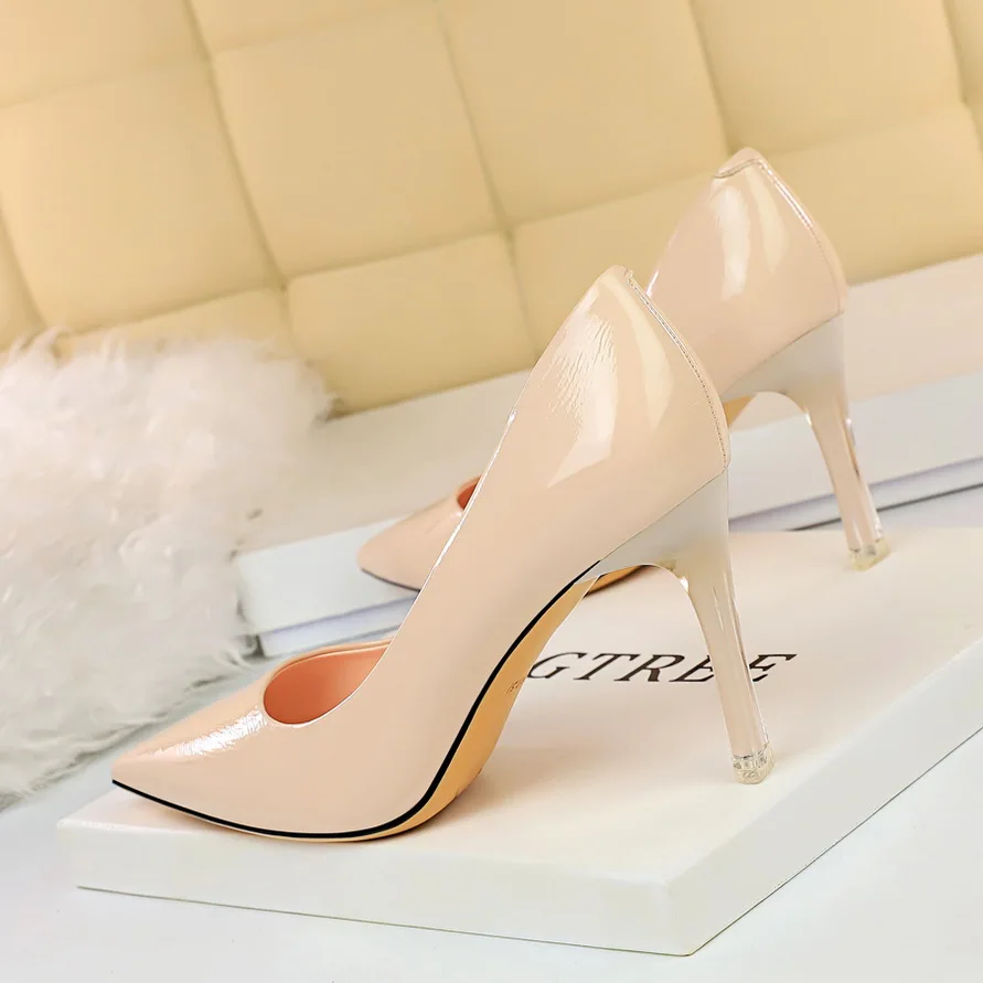 

women's pumps classic high heels transparent crystal heel patent leather shallow mouth pointed sexy women's single shoes