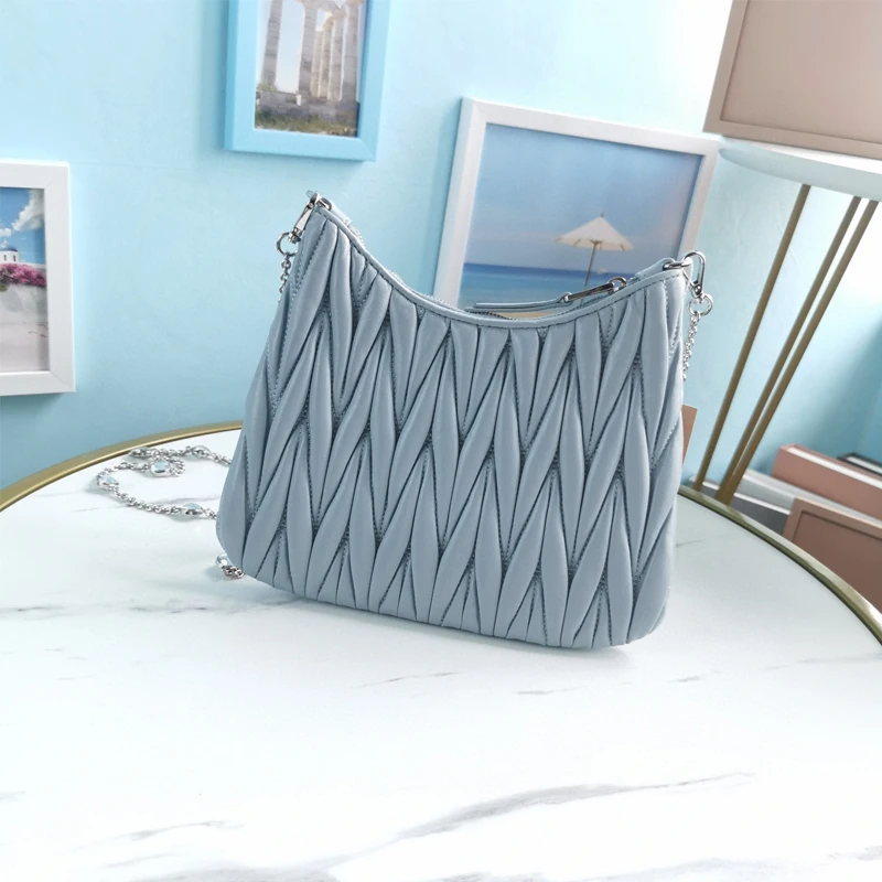 

2021 Women Messenger Bag Silver Genuine Leather Detachable Crystal Chain Wrinkle Ladies Clutch Concave Female Elegant Handbag