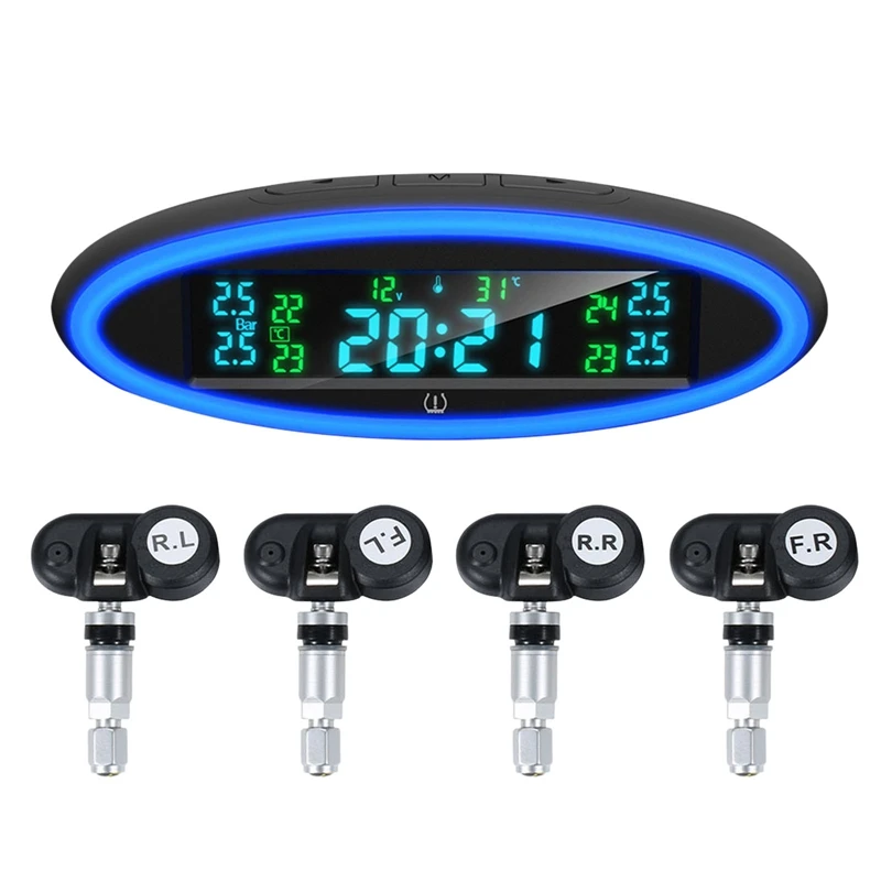 

12V USB Tire Pressure Monitoring System Car TPMS LCD Display Pressure Alarm with Atmosphere Alert Lamp Internal Sensor