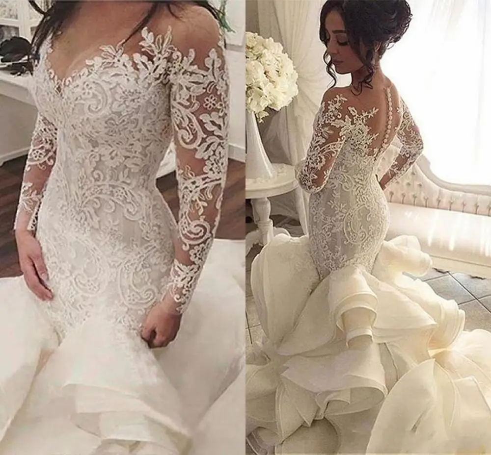 

Женское свадебное платье-русалка, кружевное платье из искусственной органзы с длинным рукавом, платье в мусульманском стиле, 2020