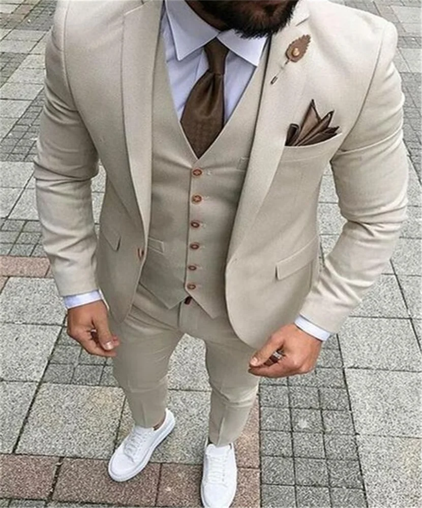 Beige men's suit three piece jacket, trousers and vest customized slim men's Suit Wedding bridegroom best man's suit suit