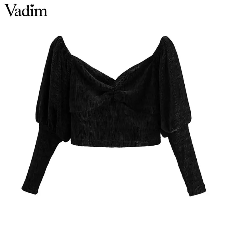 Vadim Женская Ретро Вельветовая черная короткая блузка с длинным рукавом