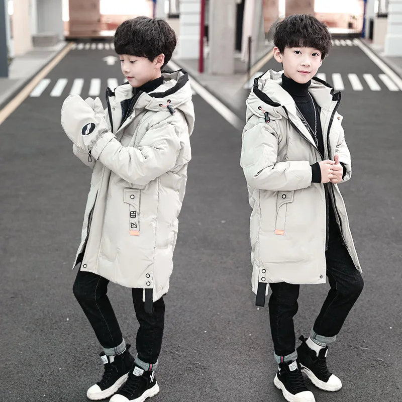 Boy Fashion Simple Cotton-padded Jacket Teen Kid Long Windproof Warm Hooded Coat Outwear Children Warm Wadded Jacket With Gloves