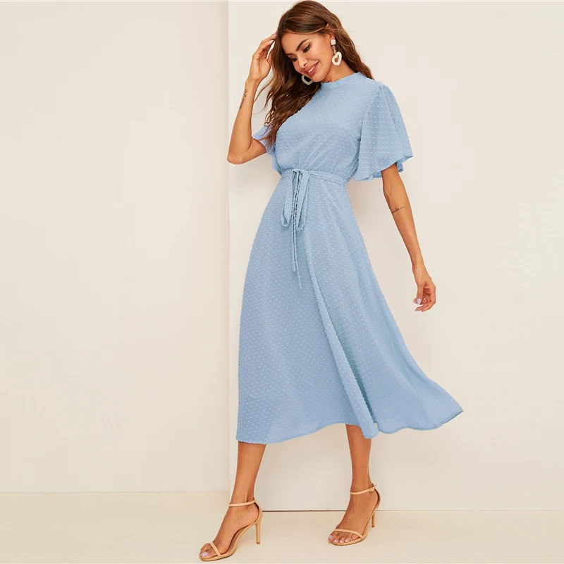 SHEIN платье с рукавами-крылышками в швейцарский горошек с поясом элегантное розовое Пастельное однотонное женское платье со стоячим воротником ТРАПЕЦИЕВИДНОЕ ПЛАТЬЕ С полурукавом