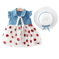summer mesh baby girl denim dress hat 2021 cute bow strawberry baby dress clothing girl kids newborn stitched lace dress
