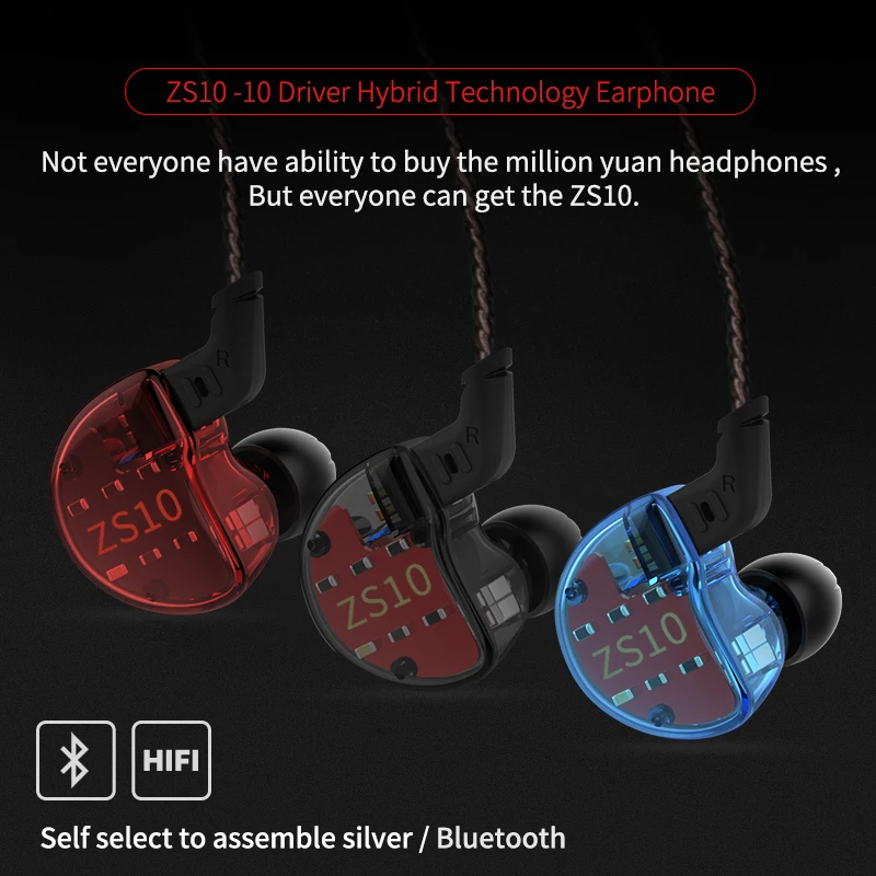 

KZ ZS10 Headphones 10 drivers Earphones 4BA+1DD Dynamic hybrid Earbuds HiFi Bass Sport Headset Noise Cancelling in Ear Monitors