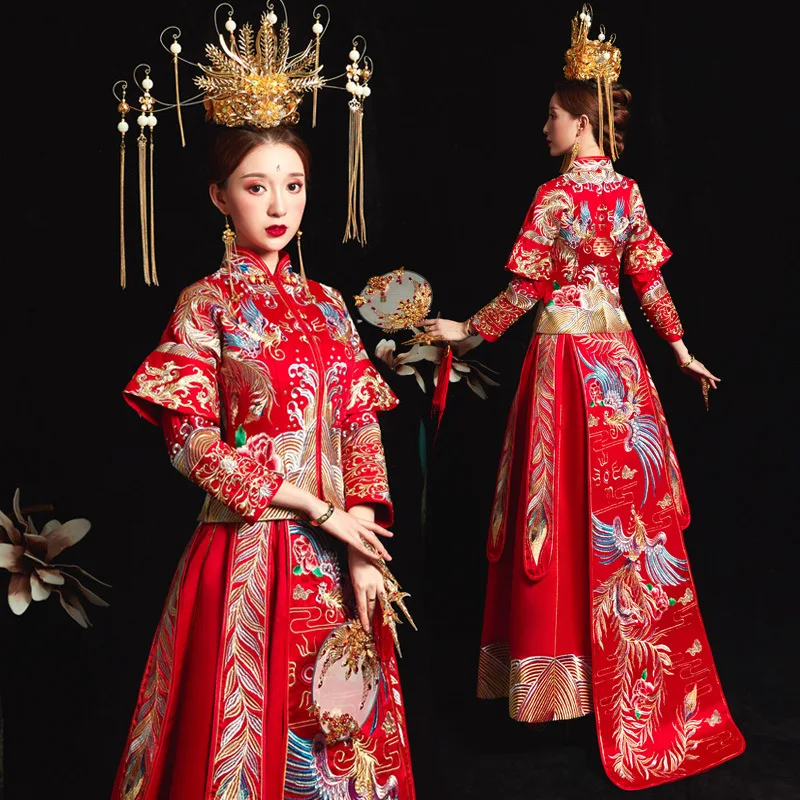 Китайское традиционное свадебное платье Cheongsam длинное Qipao красное с вышивкой в