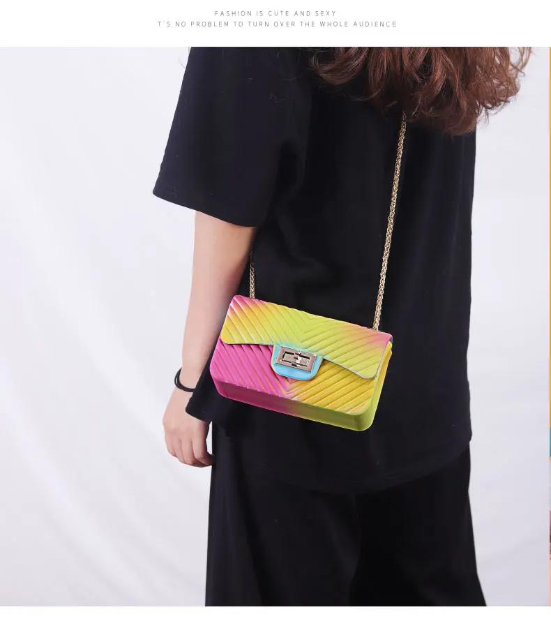 New Jelly Small Square Bag Clutch Purse Women's Bag Messenger Bag Gradient Rainbow Rhombic Chain Shoulder Crossbody Bag