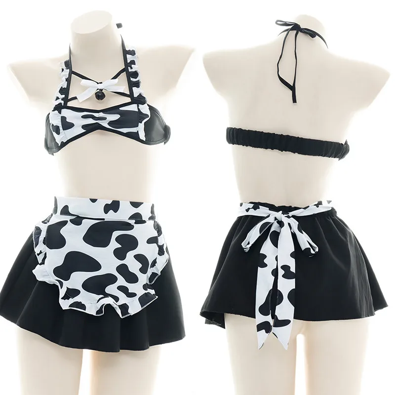 

Lovely Sexy Lolita Cows Print Maid Cross Bell Hollow Apron Dress Private Bandage Underwear Suit Girl Homewear Pajamas Set