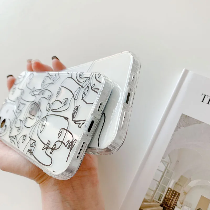 

Abstract Line Face Phone Case For iPhone 12 11 Pro Max X XR XS Max 7 8 Plus Mini Transparent Soft Silicone Back Cover Funda