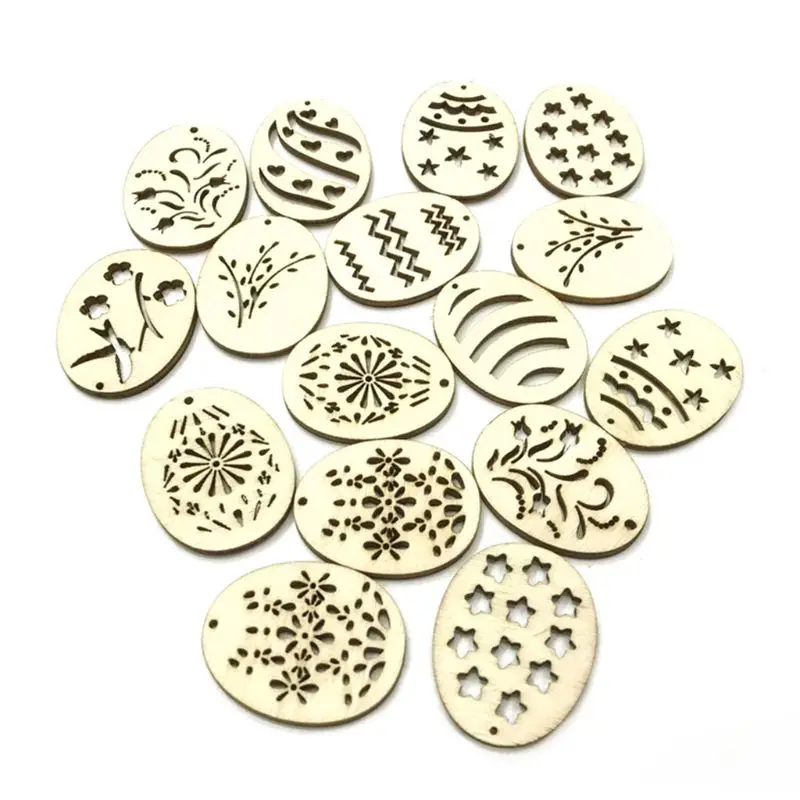 

50pcs Happy Easter Eggs Wooden Craft DIY Wood Chips Hanging Ornaments Home Decoration 69HF