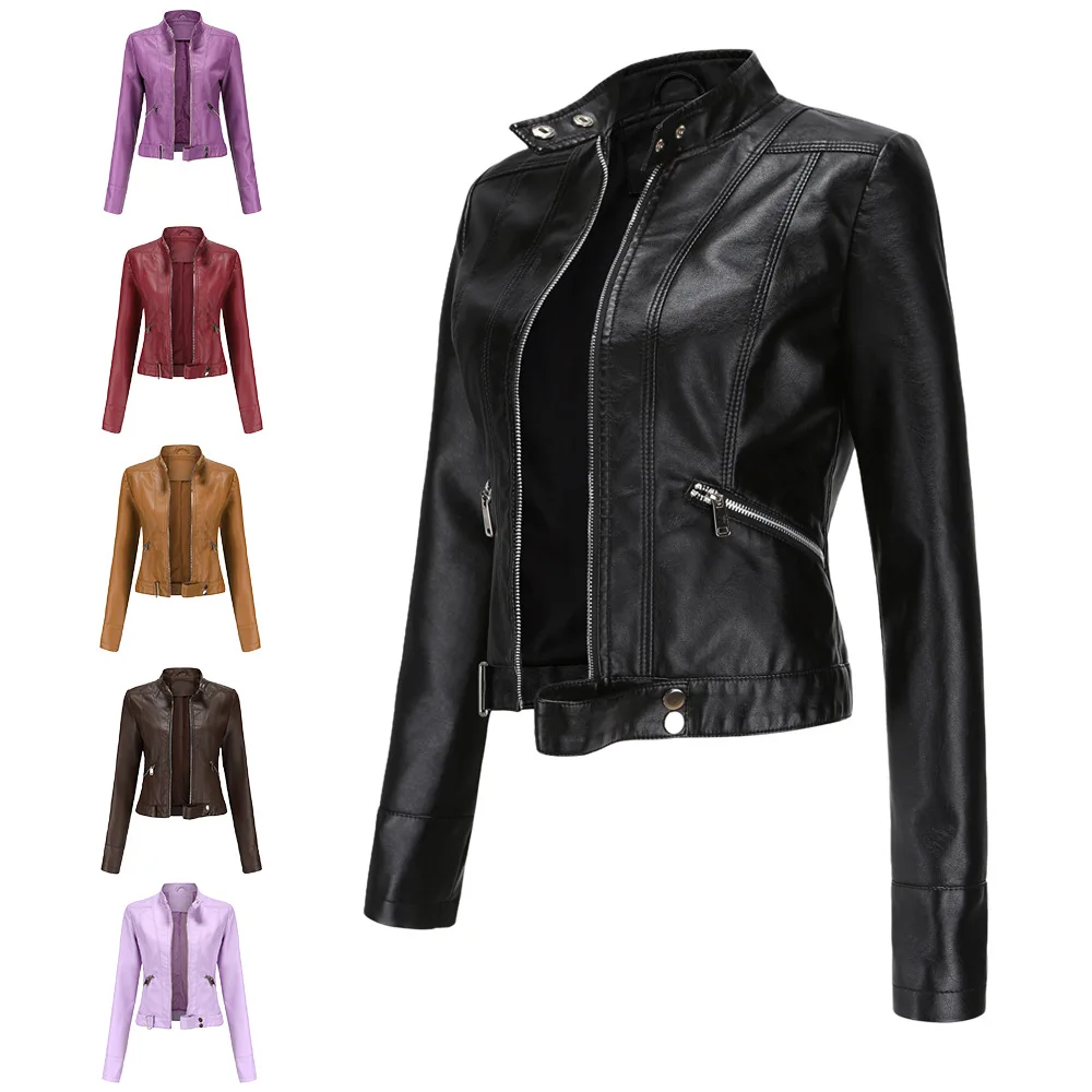 2022 New Spring Autumn Women Short Leather Jacket Riding Motocycle Crop Jackets Slim Stand-up Collar Solid PU Leather Coat