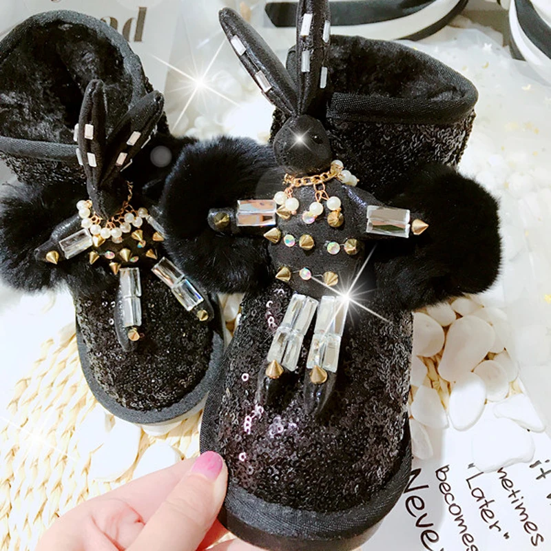 Новинка зимние детские меховые ботинки для снега ботильоны с блестками