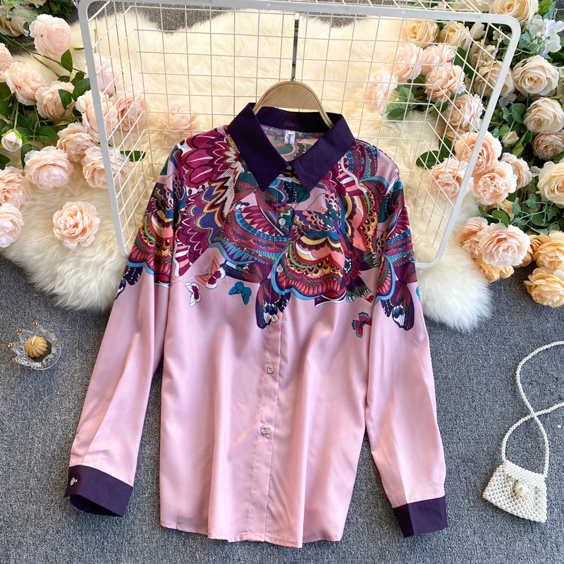 

personality printing senior feeling female lapel shirt long sleeve loose off the new spring and summer show thin joker