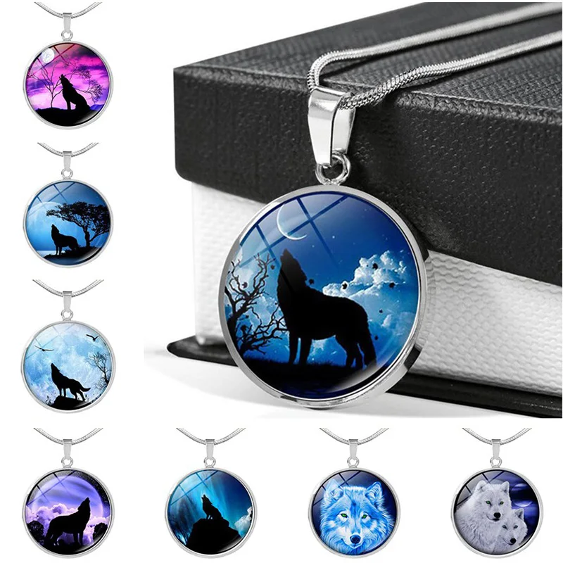 Ожерелье с изображением волка и Луны стеклянный кабошон кулон из нержавеющей