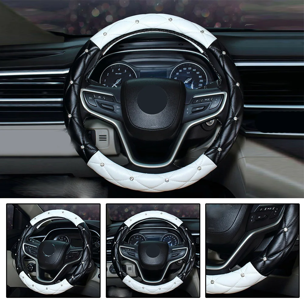 

38cm/15Inch Car Steering Wheel Cover PU Leather Rhinestones Decor Car Steering Wheel Cover