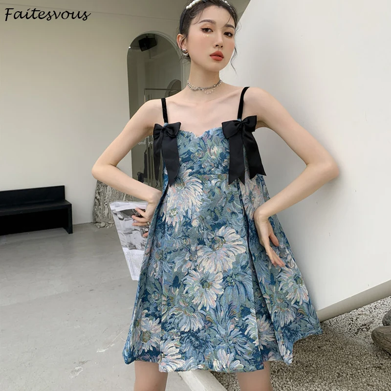 Retro Oil Painting Floral Dress Women 2021 Summer Bow Spaghetti Strap Mini Dresses French Loose Dress Girly Style